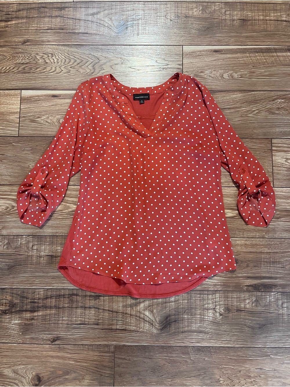 Fortune & Ivy Orange Polka Dot V-Neck Blouse